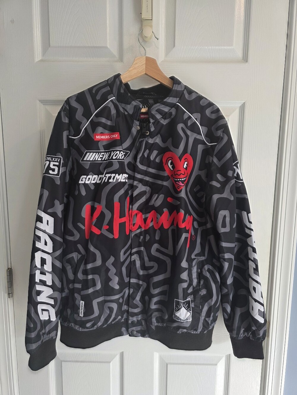 Members Only x Keith Haring Racing Bomber Jacket Mens Size L Black Red Pop Art